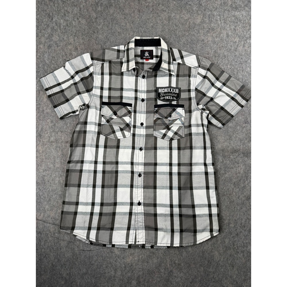 Red Ape Mens Grey White Plaid Short Sleeve Button Down Shirt Size M Patch Detail